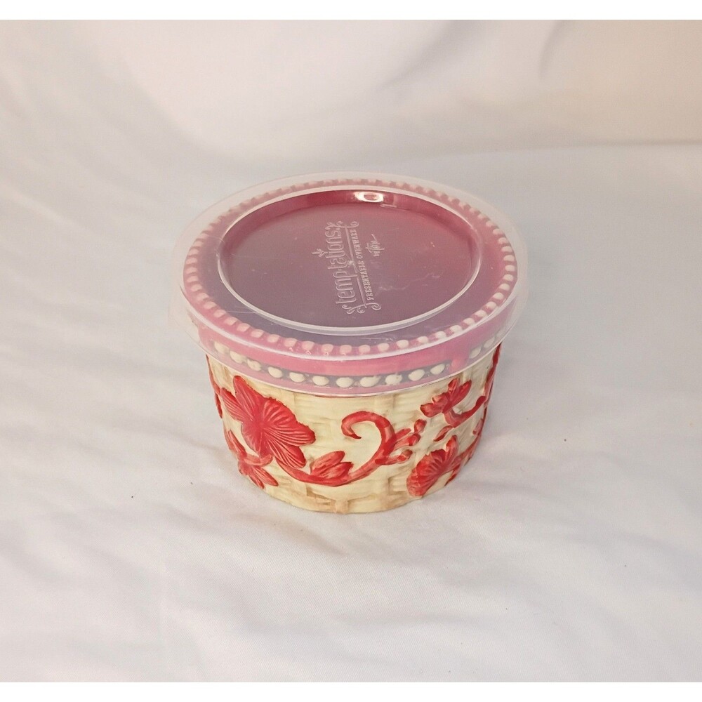 Temptations Floral Lace Ramekin with Lid 6oz Cranberry Red Basket Weave